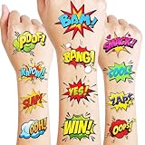 96PCS Hero Temporary Tattoos Stickers for Kids Surprise Stickers for Gift Boom Wow Bang Pow Omg Themed Birthday Party Decorations Supplies Favors Decor for Women Kids (Normal)
