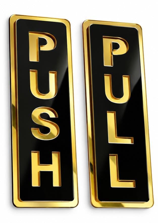 push pull door signs with golden finish, 5x2 inch acrylic | water resistant, no drilling needed, double-sided tape, indoor & outdoor use, 2 sign set