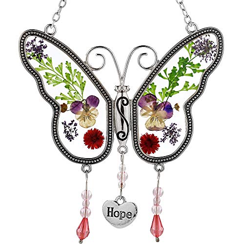 Butterfly Suncatcher Stained Glass Hope Suncatchers with Pressed Flower Wings Embedded in Glass with Metal Trim Hope Heart Charm - Gifts for Mom -Friend for Birthdays Mother Days