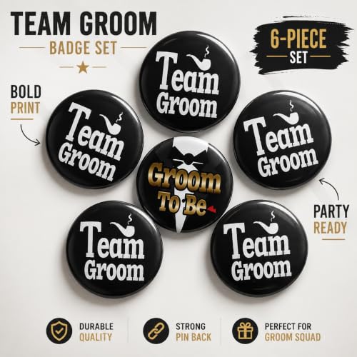 Image of Wanna Party Team Groom Badge Set of 6 | 5 Team Groom Badges + 1 Groom To Be Badge | Bachelor Party Accessories, Wedding Badges, Groom Squad Props for Engagement, Baraat, Sangeet & Photoshoot