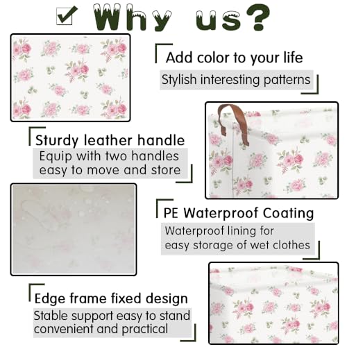 Image of Rectangular Rose Pink Flower Basket for Girls,Waterproof collapsible laundry basket for girls,Kids Storage Baskets,Books Box,Gift Baskets,Baby Room Decor(Pink Flowers)