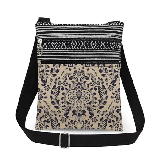 Floral Vine Print Crossbody Bag Symmetrical Intricate Design in Vintage Style for Women Sisters Teens Ideal Birthday Christmas Holiday Gift Daily Purse Travel Messenger Bag