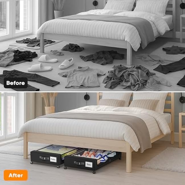 Under Bed Storage with 360¡ã Wheels, 2-Pack, 60L Low-Profile Rolling Underbed Bins for Clothes, Shoes, Toys & Books,Easy Pull-Out, Dust Protection, Space-Saving Organizer for Bedroom/Dorm, Black