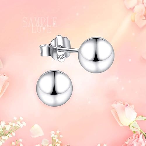 Miniatura 7 de Aretes de bola de plata de ley chapados en oro blanco de 18 quilates, opciones de 0.118in a 0.394in, joyería hipoalergénica simple pulida