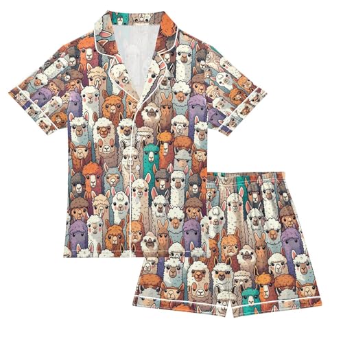 senya Alpaca Llama Animal Face Satin Summer Pajama Sets Silk Short Sleeve Button Down Sleepwear