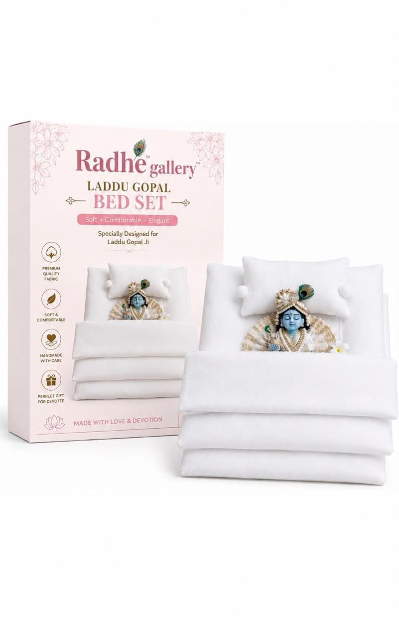 Bal Gopal Bed Set for Laddu Gopal | Premium Cotton Bistar Set with Pillow, Mattress & Blanket | Beautiful Krishna Idol Bedding Accessories (White)-picture-12