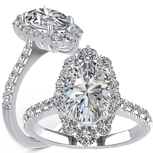 3.83ct Engagement Rings for Women, DF Color VVS Oval Cut Moissanite Halo Rings Sterling Silver with 18K White Gold Plated Marquise Shape Wedding Rings