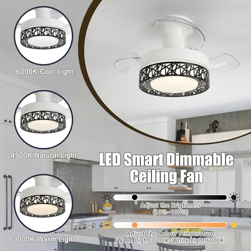 Ventilatore da soffitto con pale retrattili e luce, dotato di telecomando - Ventilatore a LED DC silenzioso a 6 velocità, piccolo, ideale per camera da letto, dimmerabile tramite app, con funzione re