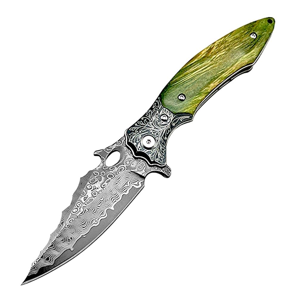 Taschenmesser scharfes Damast klappmesser klein 7.5cm VG10 damaskus stahl, Holzgriff Grün Stabilisiertes Holz Faltbar Edc tanto messer flipper Damaszener geschmiedet ‌einhandmesser, Premium Eleganz