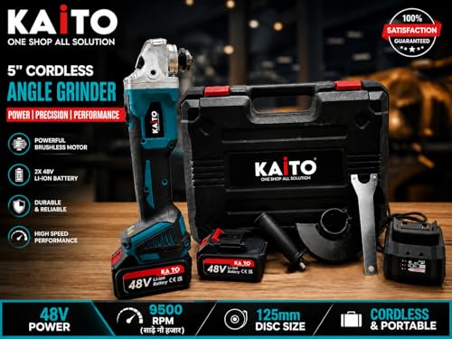 Image of KAITO 5 Inch Cordless Angle Grinder | Brushless Motor | 4 Variable Speed Control | 125MM Disc | 9500 RPM | 2 x 48V LI-ION Battery with Fast Charger | Cutting & Grinding Tool | for Home & Professional