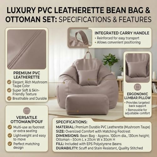 Image of KAM'S LIEU 5XL Luxury Faux Leather Bean Bag with Footrest & Cushion | Pre-Filled High-Density Polystyrene Beans | Premium Leatherette | 6 Months Warranty Color- (Beige, with Footrest)