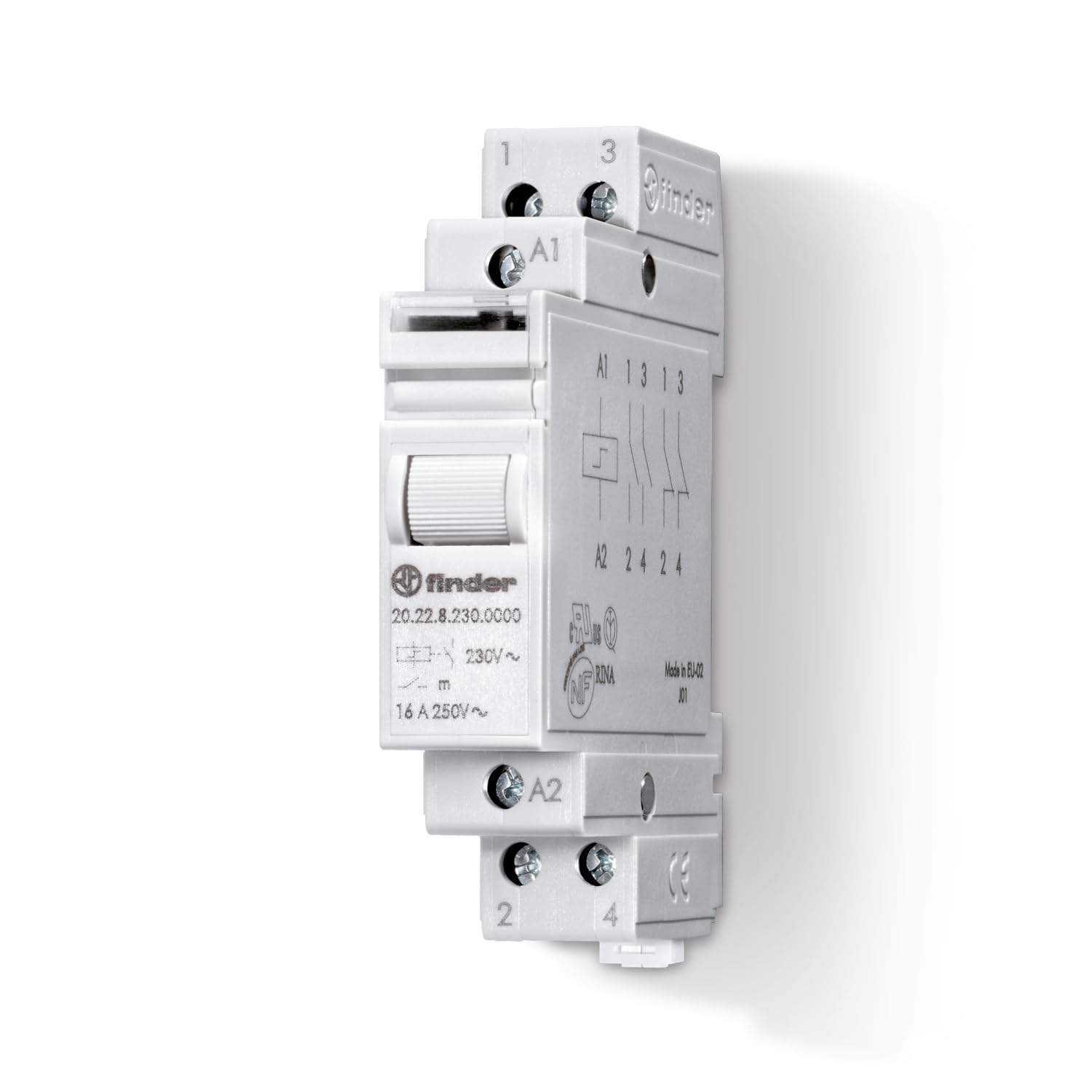 Finder Relè ad impulsi modulare Tipo 20.22. Dotato di interruttore bipolare 2 NO 16 A. Pulsante di prova e indicatore meccanico. Montaggio diretto su barra 35mm