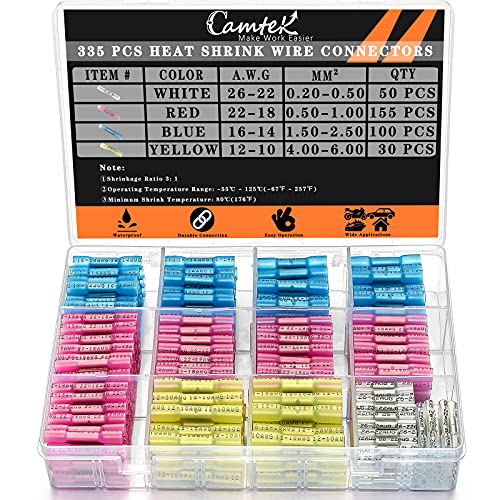 335PCS Heat Shrink Butt Connectors, Camtek Electrical Connectors Waterproof Wire Connectors Terminals Insulated Marine Automotive Copper Connector Kit - 4 Colors & 4 Sizes