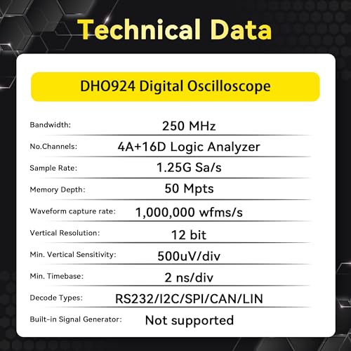 Image of RIGOL Digital Oscilloscope DHO924 250 MHz 4-Ch + 16 Digital 1.25 GSa /s 12-bit 50 Mpts UltraAcquire 1,000,000 wfms /s 7 inch Touch LAN /USB /HDMI Web Control SCPI for High-Speed Debug