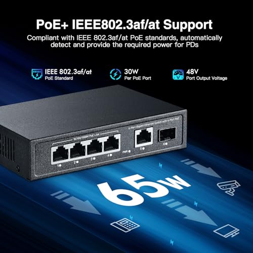 Image of 6 Port Mini Gigabit PoE Switch with 4 PoE+ Port, 1 Gigaibt RJ45 Uplink, 1 Gigabit SFP, IEEE802.3af /at, Max 65W, YuLinca Metal Fanless Plug & Play Ethernet Switch
