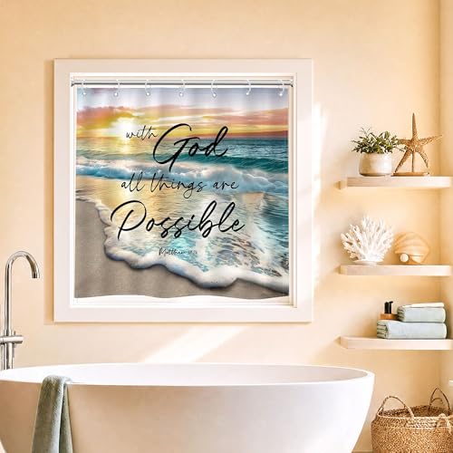 Beach Ocean Bible Verse Shower Curtain Set Short Small Bathroom Decor