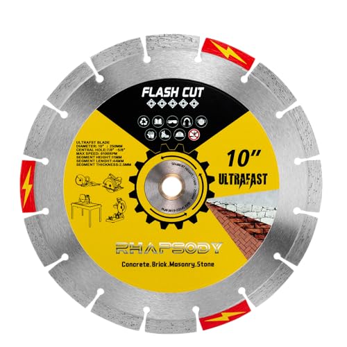 RHAPSODY 10 Inch Ultrafast Diamond Saw Blade, Segmented General Purpose Blade Dry/Wet Cutting Concrete, Masonry, Brick, Block, Paver,Stone 7/8'-5/8' Arbor