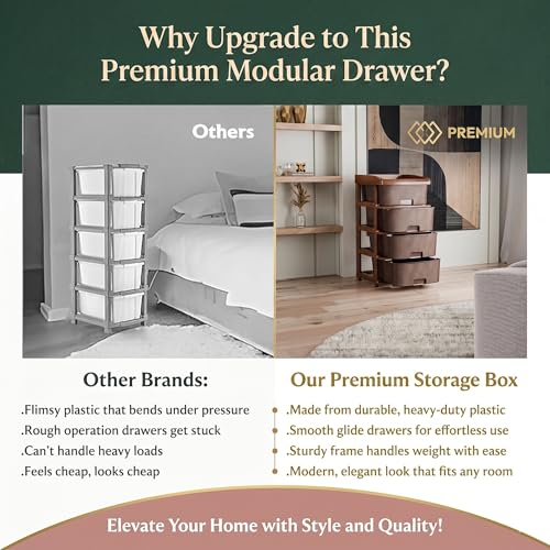 Image of Jefa Plastic Modular Drawer Storage Organizer | Multipurpose Storage Chest with Anti-Slip Design | Large Capacity Drawer Rack for Clothes, Shoes, Office & Home Use (Brown, 2)