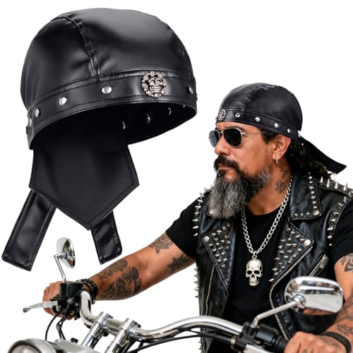 Leather Bandana Biker Doo Do Rag, Headwrap Studded Skull Cap for Men, Cycling Riding Adjustable Biker Hats, Gothic Du Rags Black for Costume Party, Antique Silver Motorcycle Caps Fits 18.11-22.83 in