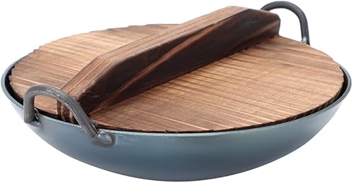 Cabilock Mini accesorios de cocina, 1 juego de sartén wok con tapa de wok de madera y asas, sartén profunda de hierro antiadherente con base plana
