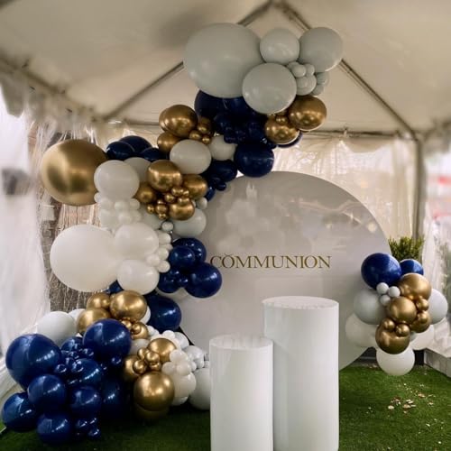 Image of Blue and Gold Balloons Arch Garland Kit, 134pcs Navy Blue Gold White Balloons with Different Size for Graduation, Birthday, Anniversary Party Decorations