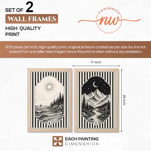 Image of NoWorries Framed Black and White Wall Art Set of 2, Vintage Mountain Moon and Coastal Ocean Landscape Prints, Boho Nature Decor, Scandinavian Minimalist Artwork for Bedroom, Hallway and Office (Art-17, 17x25inch)