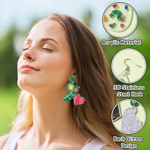 Hungry Caterpillar Drop Earrings - 8 Pairs Summer Cute Caterpillar Butterfly Sparkling Glitter Acrylic Drop Dangle Earrings, Funny Insect Ear Jewelry for Girls Women Teacher Aesthetic Gifts4