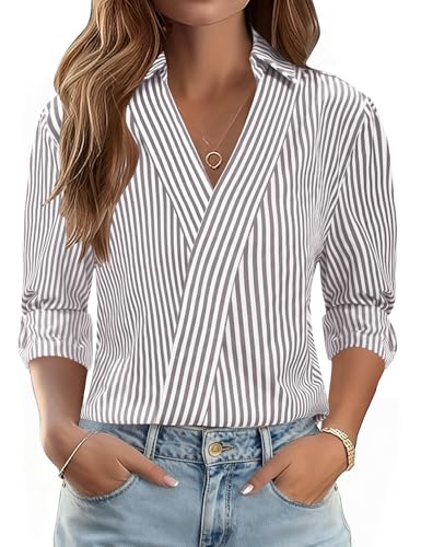 Image of LOMON 3 /4 Length Sleeve Womens Tops Dressy V Neck Collared Shirts Trendy Business Casual Work Blouses Vacation Outfits 2026