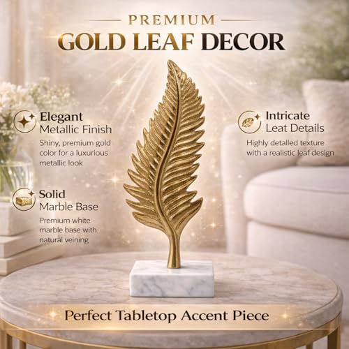 Image of CraftVatika Metal Golden Leaf on Marble Base Showpiece, Deorative Showpiece Items for Living Room Tabletop Items for Home Decor, Metal Entire Leaf Figurine Office Decor Housewarming