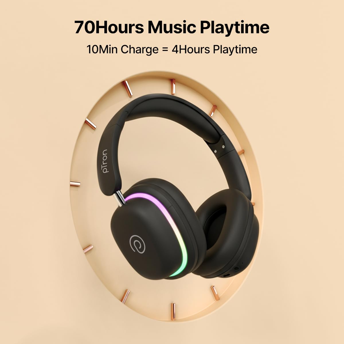 pTron Studio Xtreme, 70hrs Playtime, 40ms Low-Latency, Dual Device Pairing, Wireless Over Ear Headphones w/Detachable Mic & TruTalk ENC Calls, 40mm Drivers, RGB Lights, BT5.4 & Type-C Charging (Black) — Amazon image 3
