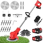 21V Cordless Strimmer -2 x 4000mAh Battery, Telescopic Lightweight Grass Trimmer with 15,000 RPM and 750W Motor (with 16 Blades in 4 Types & Cut-resistant gloves & goggles)