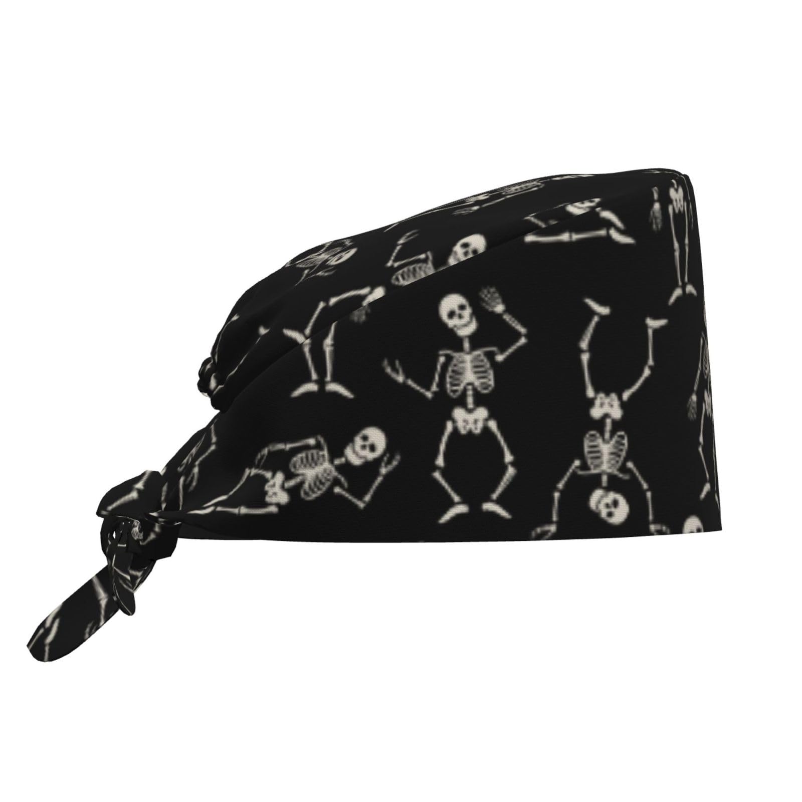 Dancing Skeletons Black Skull Adjustable Working Cap Breathable Unisex Women Men Elastic Bandage Tie Back Hats Scrub Nursing Doctor Surgeon Cap