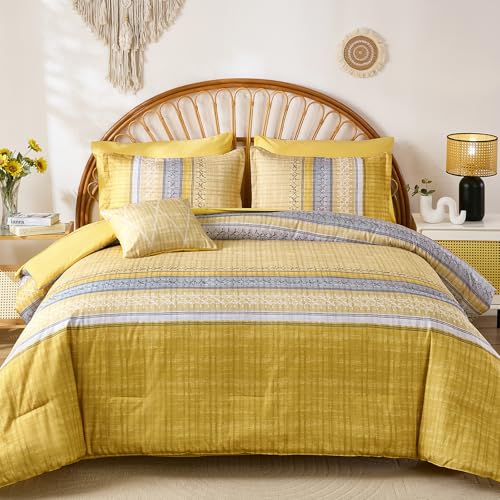 Image of Boho Queen Comforter Size Set, 8 Pieces Yellow Striped Texture Bed in a Bag Bedding Sets, Lightweight Soft Bohemian Comforter and Sheet Set, All Season Microfiber Teen Boys Bedding Sets for Men Women