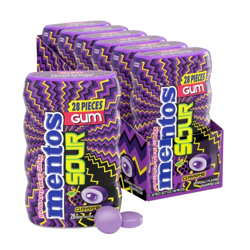 Image of Mentos SOUR Sugar-Free Chewing Gum with Xylitol, Sour Grape Flavored, 28 Piece Bottle (Pack of 6)