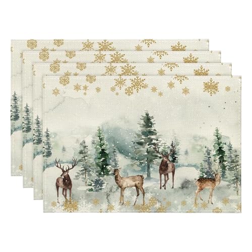 MUNSKT Juego de 4 manteles individuales de Navidad con diseño de ciervos y copos de nieve, 30 x 45 cm, lavables, vintage, para fiestas de invierno y vacaciones