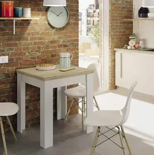 White & Light Oak Effect Extending Dining Table - Modern Extendable Kitchen & Living Room Table for Small Spaces (6-8 Seater)