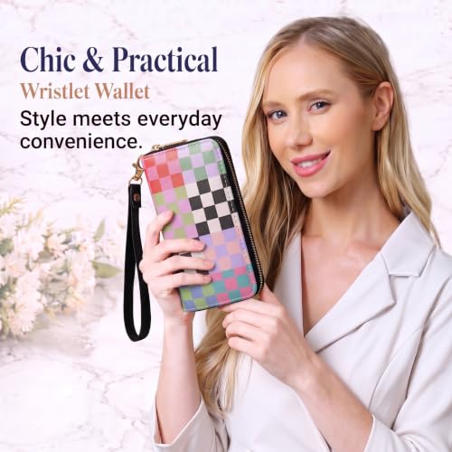 Image of Colorful Checkered Wallet for Women, Zip Around Wristlet Wallet | Detachable Wrist Strap, Large Capacity Long Phone Wallet for Cards, Cash & Travel