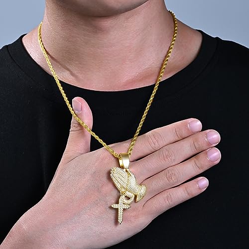 Iced Out Praying Hands with Cross Pendant Necklace Chain 14K Gold White Gold Plated Religious Christian Serenity Prayer Jewelry for Men Women4