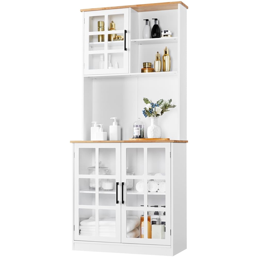 Yaheetech Alacena de Cocina Mueble Buffet Armario de Cocina Aparador de Almacenaje con Puertas de Vidrio, Estantes Ajustables 80 × 37 × 183 cm
