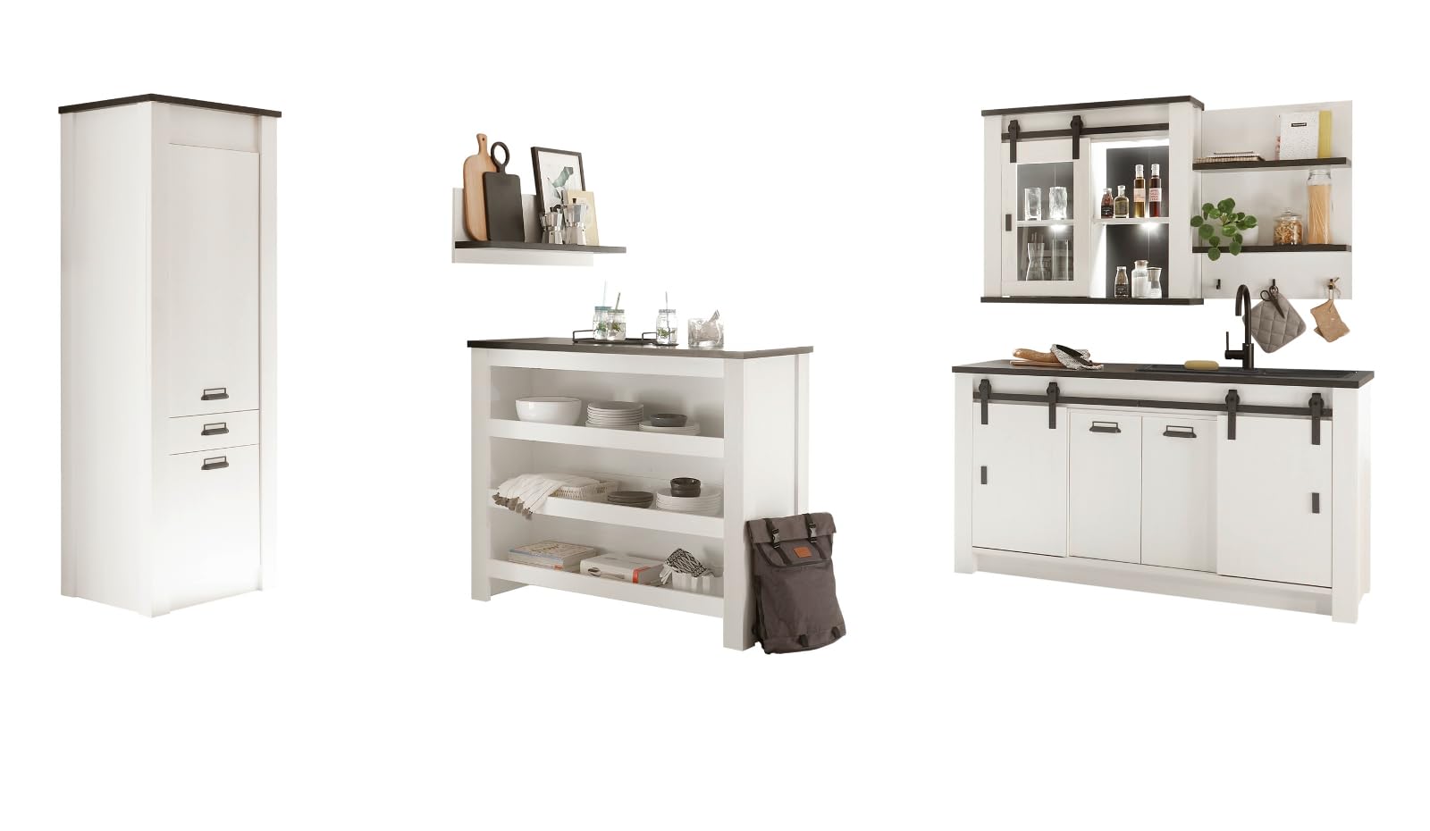 Küche mit Theke komplett Set in weiß Pinie und schwarz/anthrazit Küchenschrank 6 teilig komplette Küche im Industrial Design Stove (Set 1)