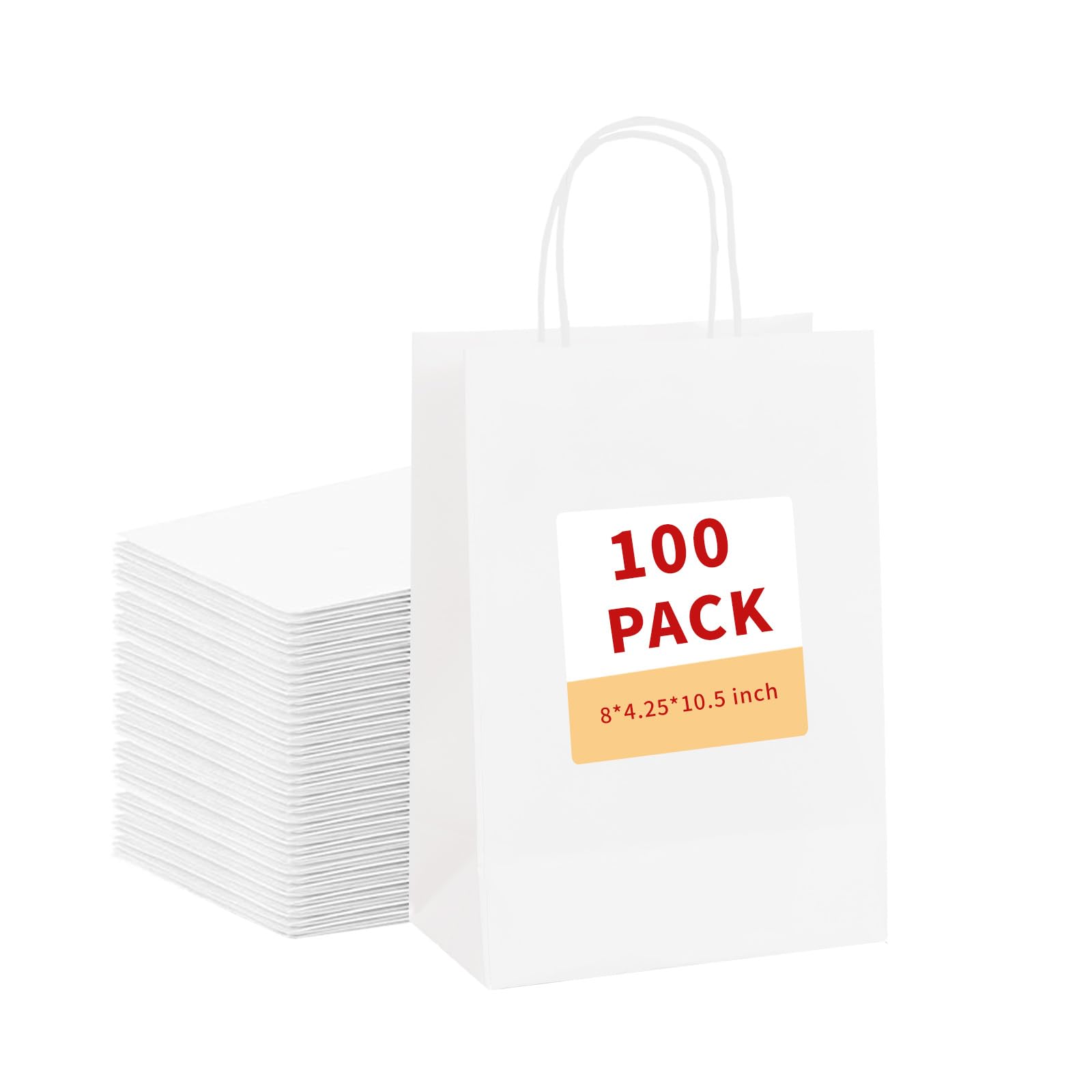 vanhel 100 Pcs White Gift Bags with Handles 8x4.25x10.5 Paper Bags with Handles Bulk, Paper Shopping Bag, Retail, Wedding, Party Favors bags - Grocery