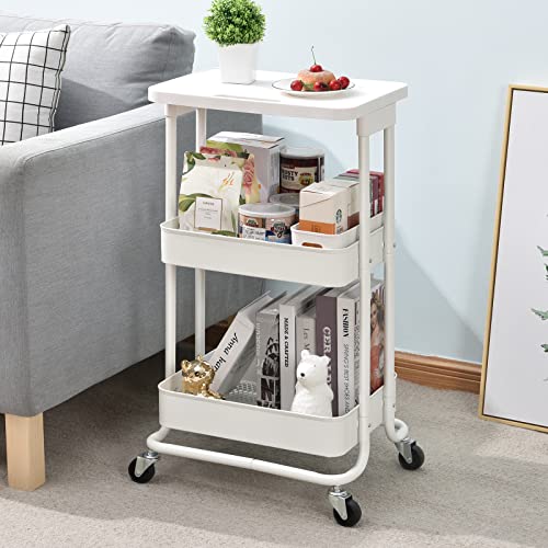 TOOLF 3-Tier Metal Rolling Cart with Tabletop and Lockable Wheels for Home, Office, and Classroom
