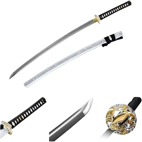 Espada Samurai tradicional ultra afilada, hecha a mano con características de acero al carbono 1060, acero plegado de Damasco, acero T10 y acero