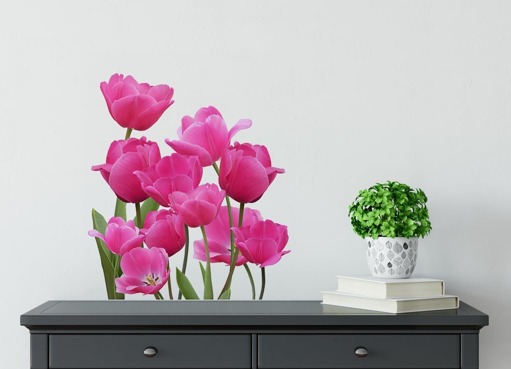 Flower Toilet Lid Seat Cover Decal, Pink Tulip Floral Vinyl Toliet Sticker,Removable Waterproof Wall Clings for Bathroom Bathtub Lavatory Washroom