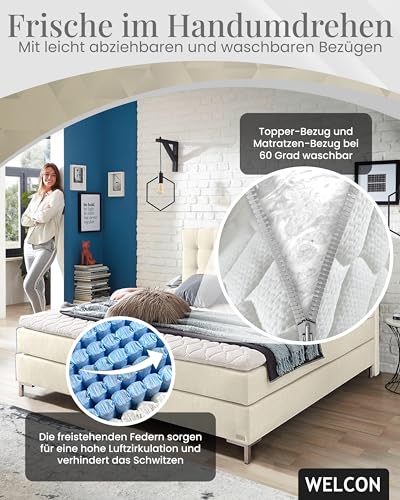 WELCON boxspringbettenshop24.de - Luxus Boxspringbett 140x200 22 Farben Härtegrad H1, H2, H3, H4, H2/H3 und H3/H4 - Polsterbett Hotelbett Doppelbett Bett in grau, hellgrau, dunkelgrau, braun – Bild 8