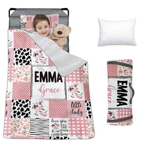 Custom Toddler Bedding Set - Personalized Name with Animals Plaid Nap Mat for Preschool, Roll Up Sleeping Bag with Flannel Blanket for Boys Girls Kids Daycare Gift Color09-Cow