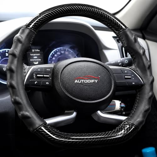 Image of Stitchable Carbon Fiber Steering Wheel Cover with Leather Protection | Universal Fit, Anti-Slip, Breathable, Comfortable Grip, Durable & Stylish for Cars | Easy Install with Black Stich