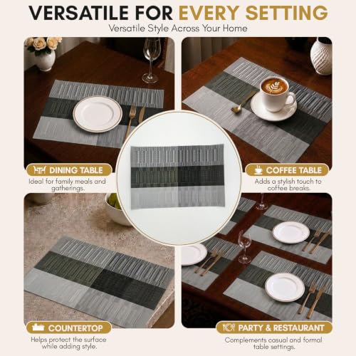 Image of Solitude Set of 6 Dining Table Placemats | Non-Slip PVC Table Mats, Heat Resistant, Washable, Stain-Resistant Surface, (Silver & Black, 45 x 30 cm)