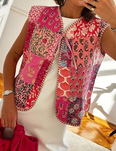 Yimoon Women's Cropped Quilted Vest Floral Printed Puffer Vest Lightweight Sleeveless Tie Front Padded Gilet Outwear2