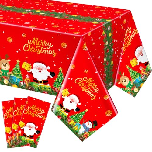 Tenceur 3 Pcs Merry Christmas Tablecloth 54x108 Inch Plastic Santa Snowman Reindeer Tablecovers Disposable Red Tablecloth for Christmas Winter Holiday New Year Birthday Party Supplies Decor